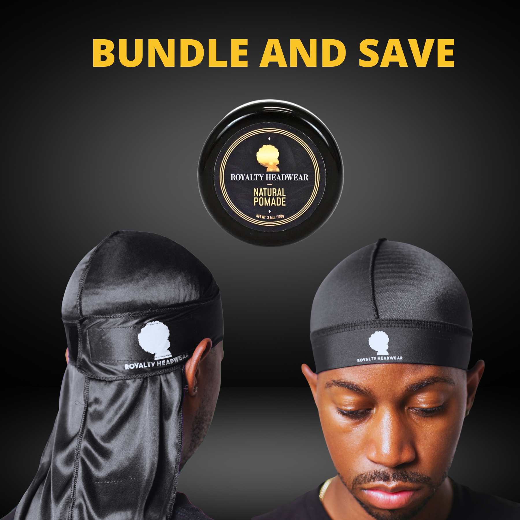 Premium 360 wave bundle featuring black durag, wave cap, and natural pomade from Royalty Headwear