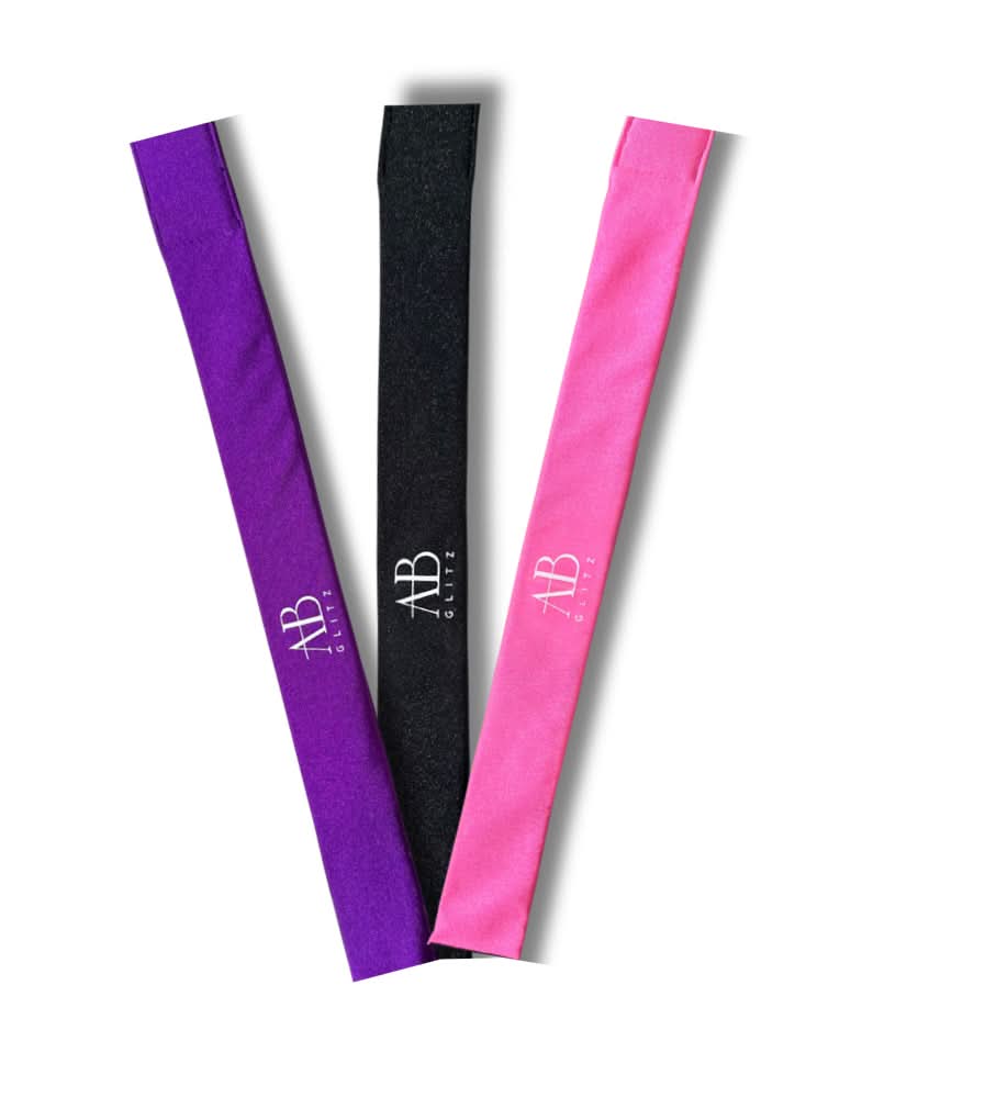 Three Luxury Protective Style Soft Adjustable Edge Lace Bands in purple, black, and pink colors, displayed flat with AB Glitz logo.