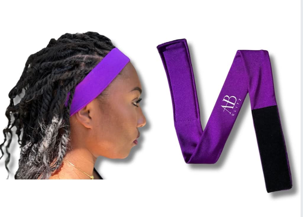 Purple Luxury Protective Style Soft Adjustable Edge Lace Band on model with protective hairstyle, displayed with matching flat band.