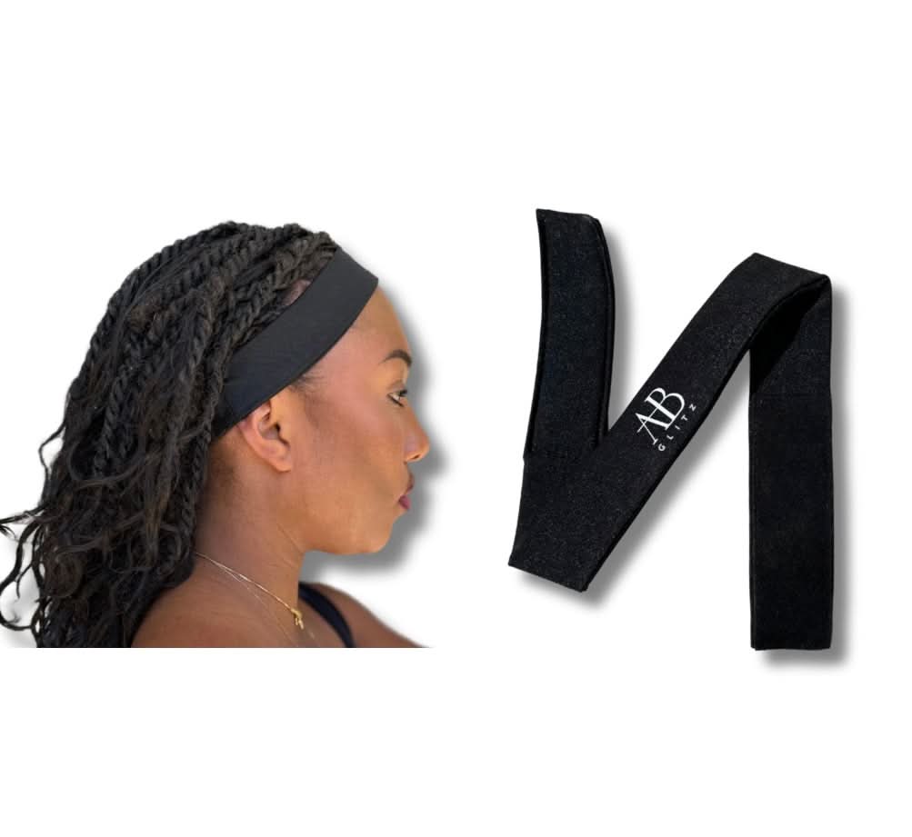Black Luxury Protective Style Soft Adjustable Edge Lace Band worn on braided hairstyle, shown alongside flat view of the band.