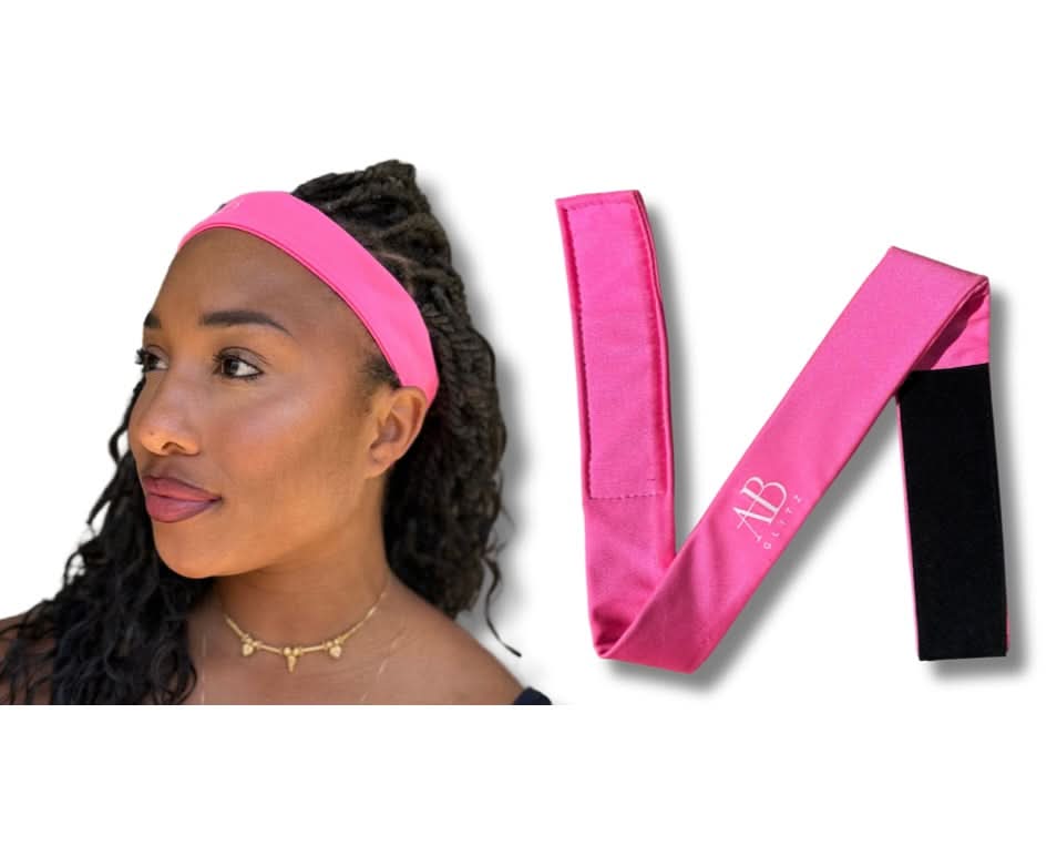 Pink Luxury Protective Style Soft Adjustable Edge Lace Band worn on model with long braids, shown next to flat band with AB Glitz logo.