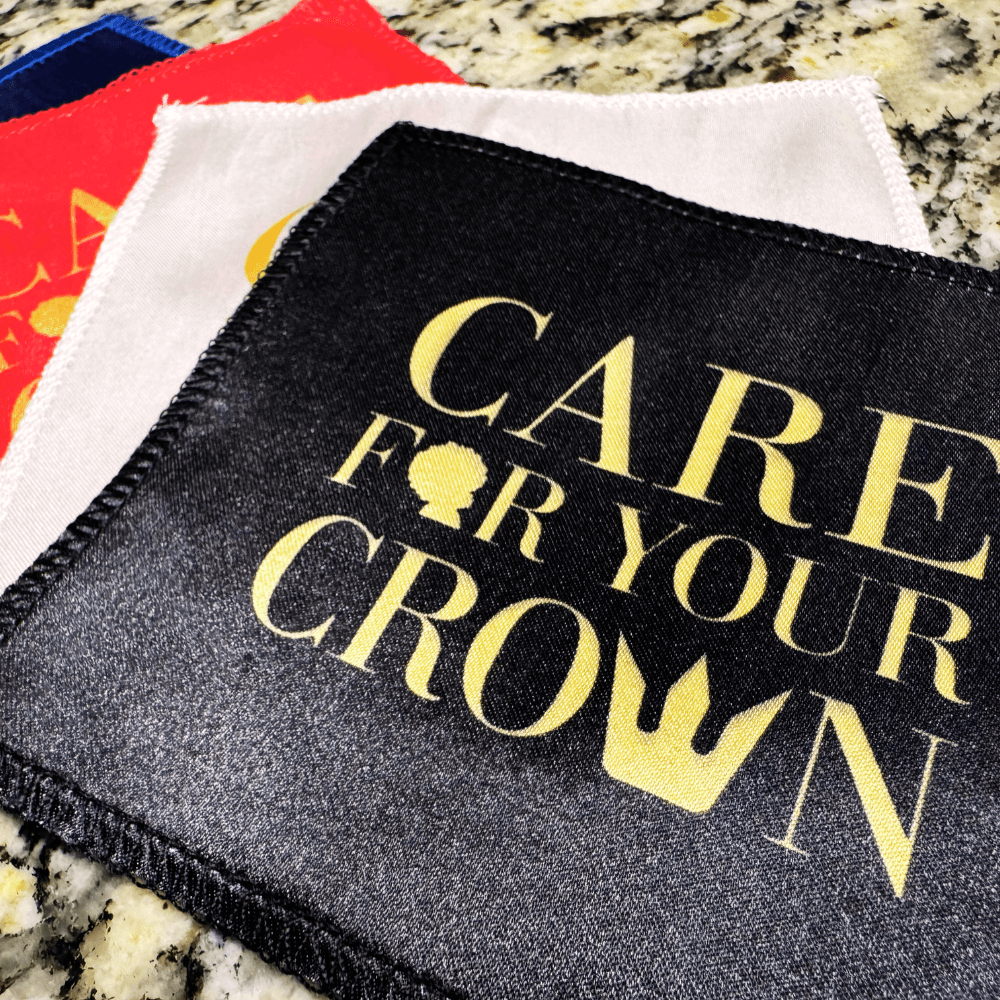 Royalty Headwear 360 Wave Crown Patch in multiple colors displayed on granite surface, showcasing breathable double-sided fabric for wave compression.