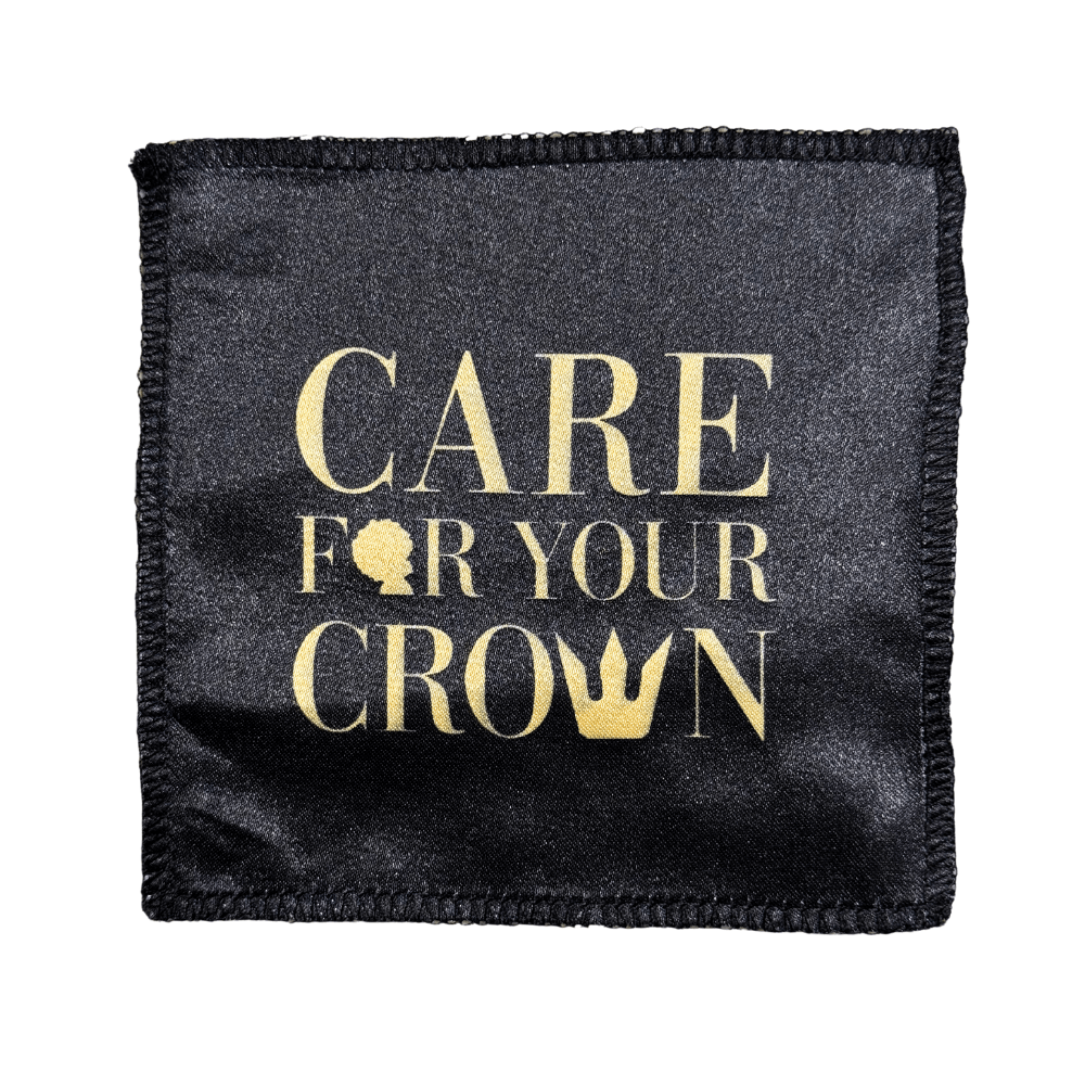Black Royalty Headwear 360 Wave Crown Patch with gold 'Care For Your Crown' text, made from soft, breathable material for wave maintenance.