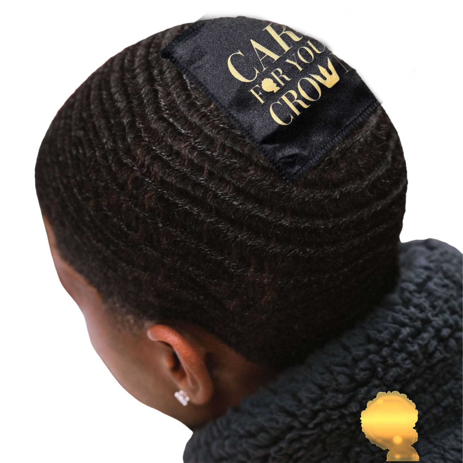 Black Royalty Headwear 360 Wave Crown Patch worn on crown area, enhancing 360 wave definition with targeted compression and stylish design.