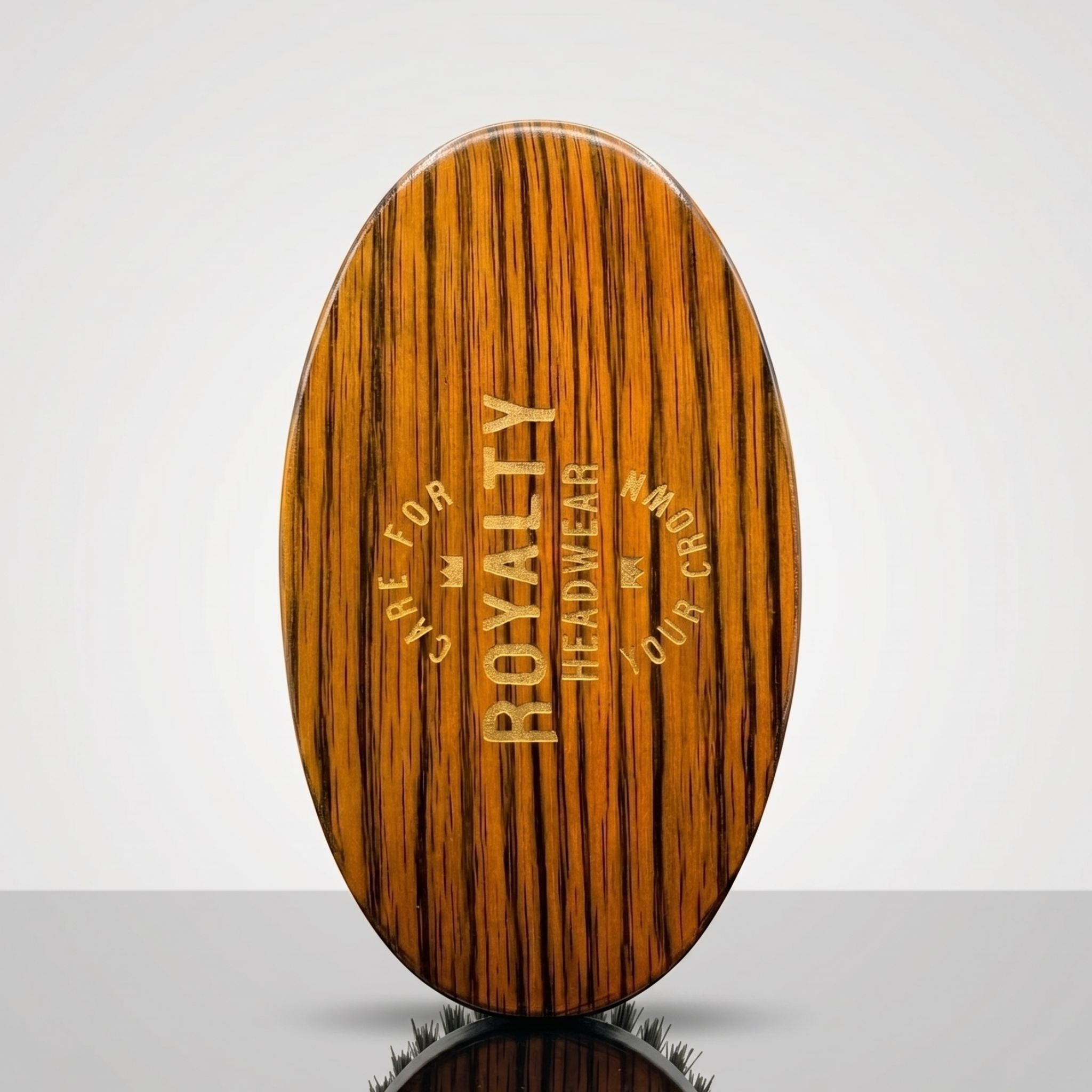360 Waves Curved Palm Brush by Royalty Headwear with wood grain finish, ideal for crown care and wave training in coarse or curly hair.