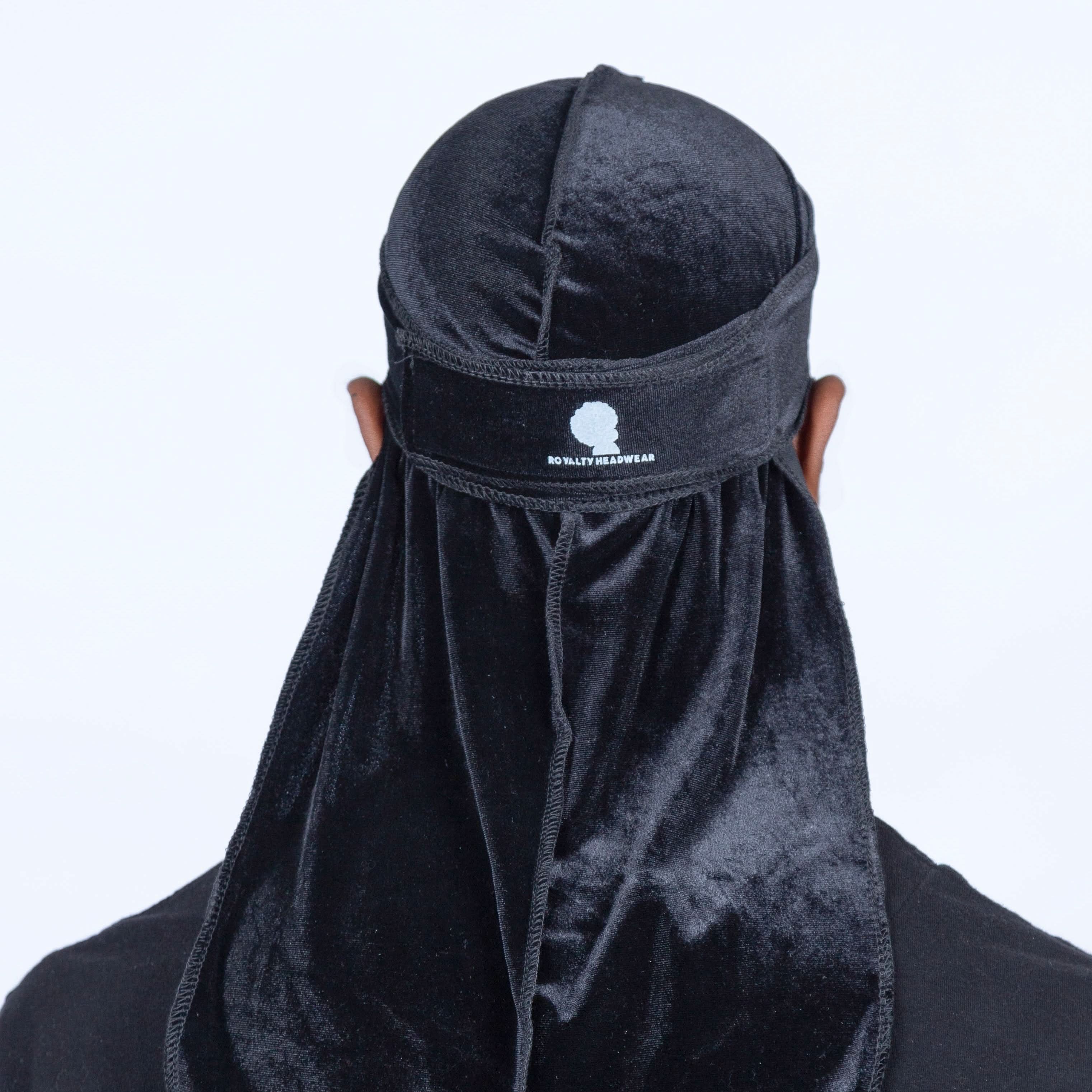Black Velvet Durag 360 Waves featuring smooth texture and extended tail for maximum compression and wave control in hair care routines.