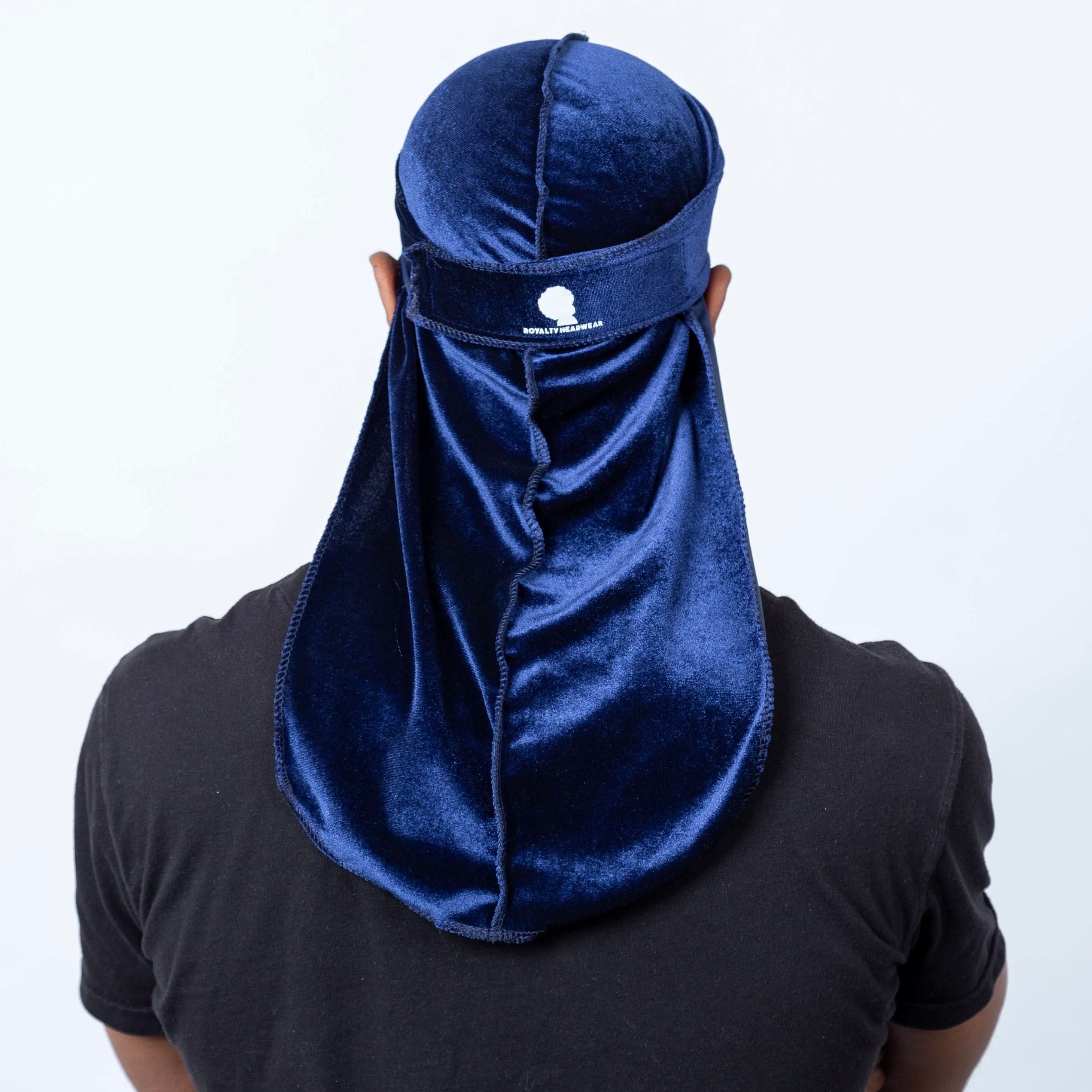 Royal blue Velvet Durag 360 Waves with long tail and back seam, designed for deep wave compression and premium hair care styling.
