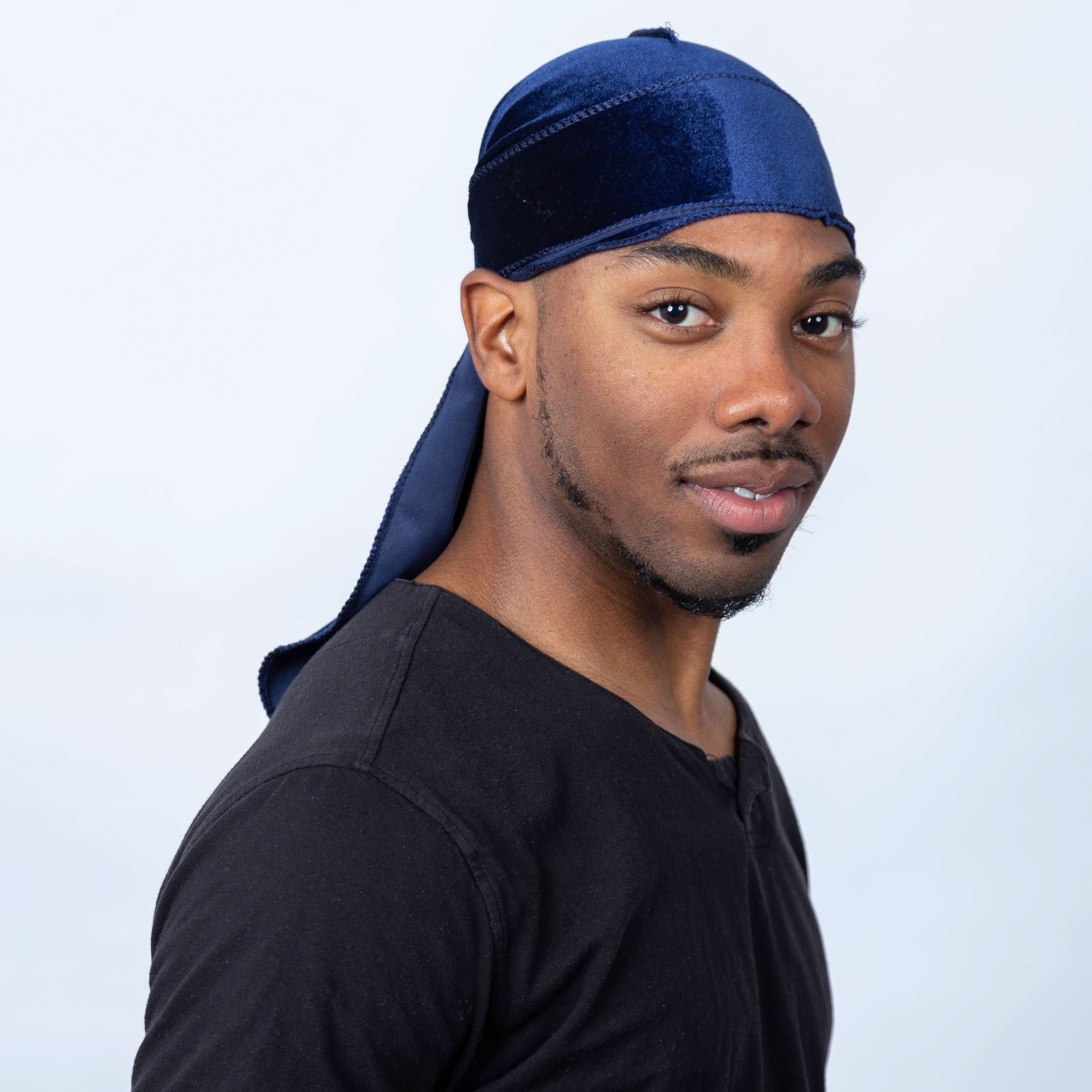 Side profile of royal blue Velvet Durag 360 Waves, highlighting luxurious fabric and ergonomic design for wave enhancement and style.