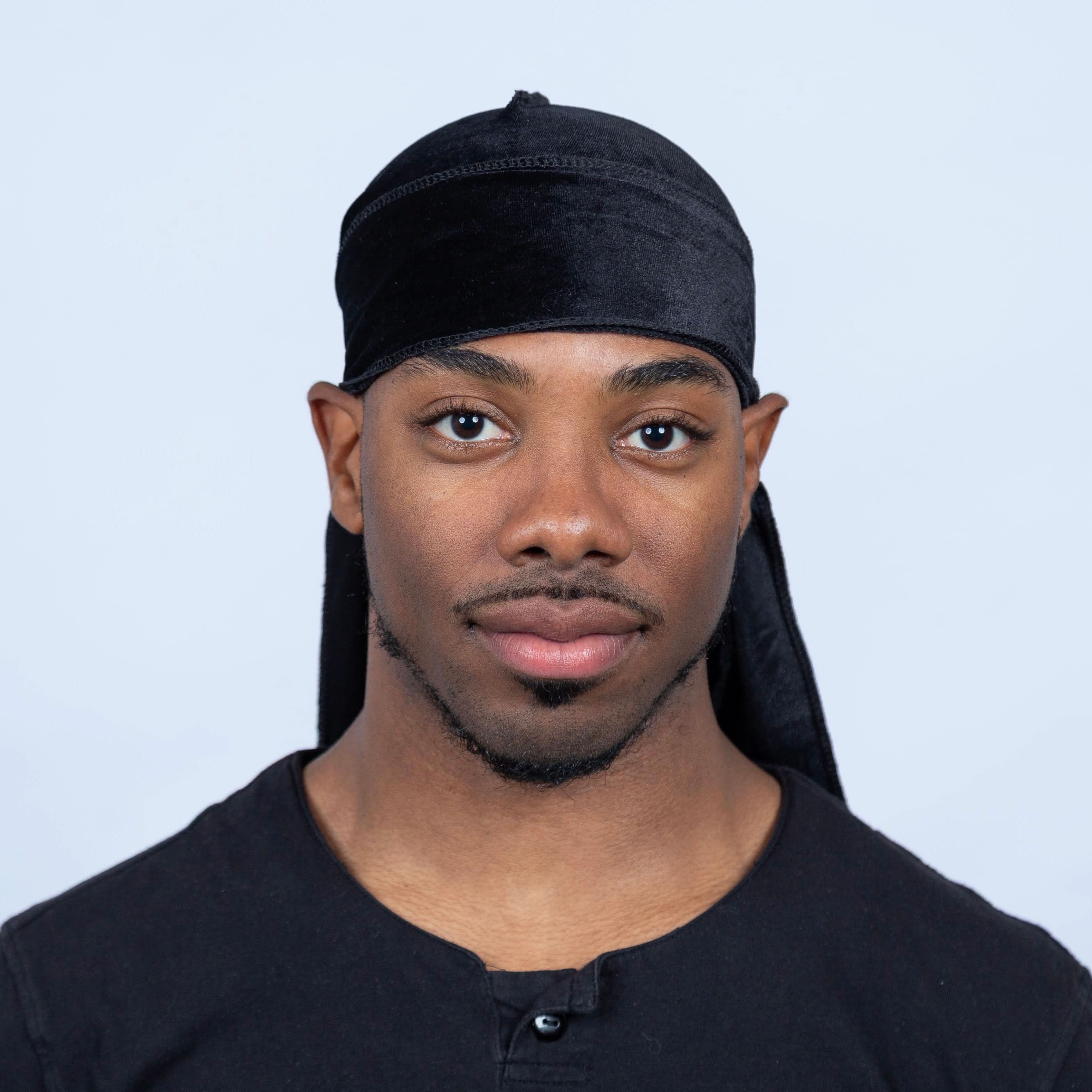 Front view of black Velvet Durag 360 Waves, tailored for comfort and deep wave definition in personal hair care.