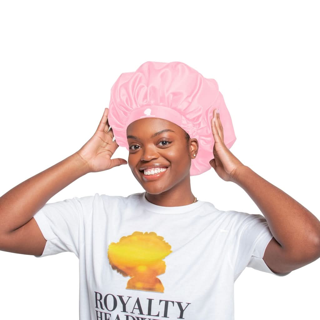 Premium pink bonnet for hair protection and moisture retention, by Royalty Headwear