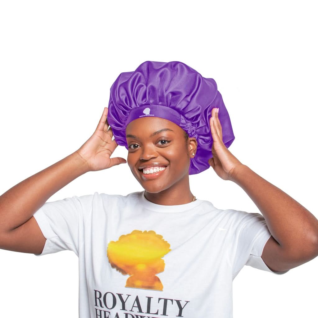 Premium Purple Bonnet for hair protection and moisture retention, by Royalty Headwear