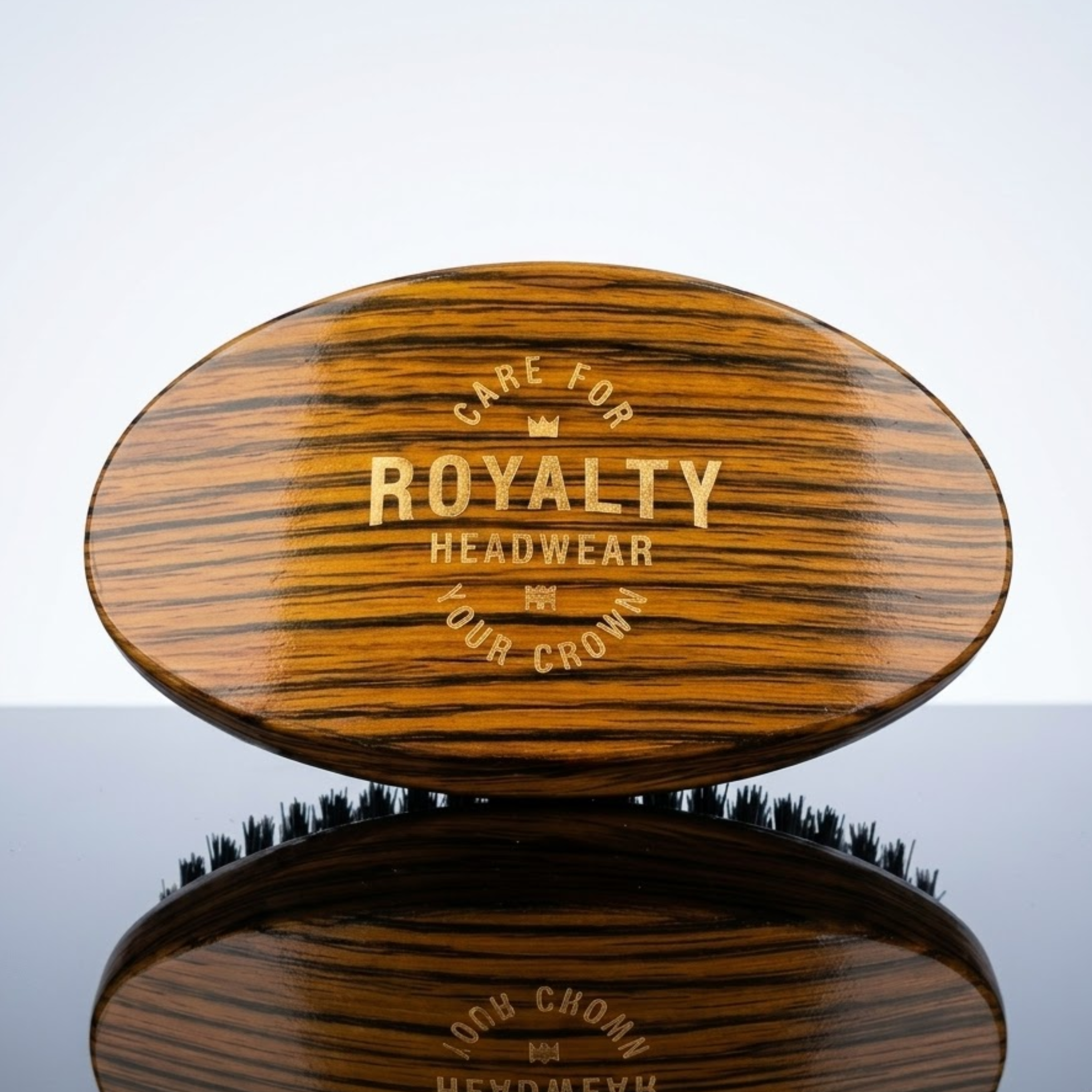 360 Waves Curved Palm Brush by Royalty Headwear with wood grain finish, ideal for crown care and wave training in coarse or curly hair.