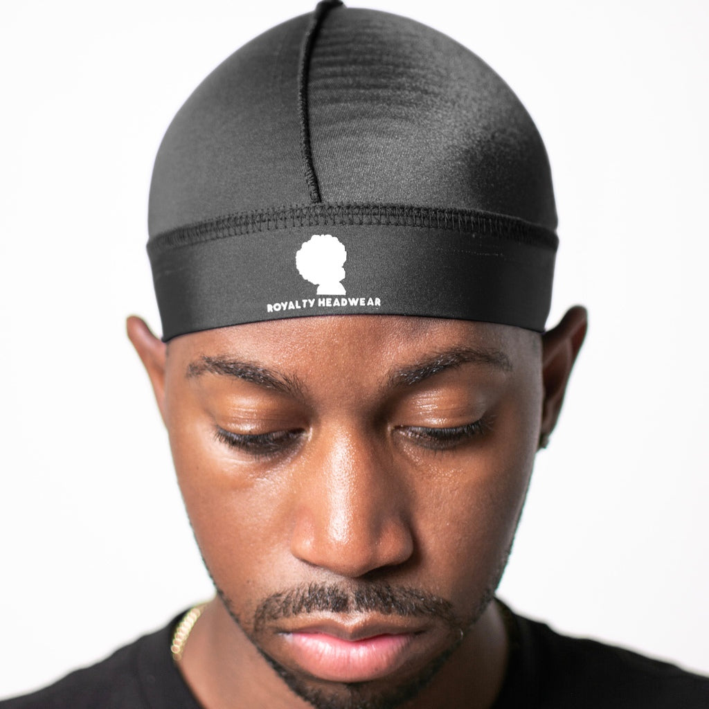 Black 360 wave compression cap with Royalty Headwear