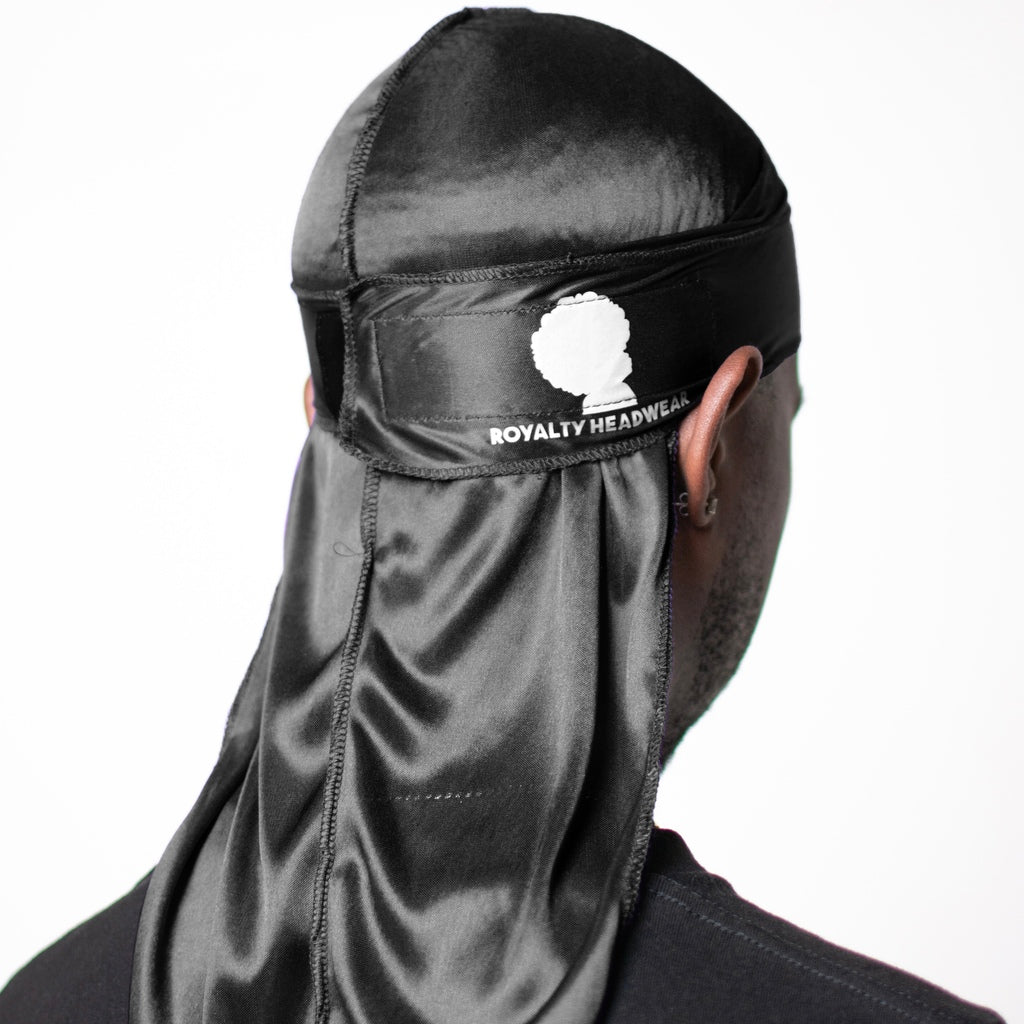 Royalty Headwear Silky Durag for Men - Single Strap with Hook and Loop Black Durag for Men 360, 540, 720 Waves
